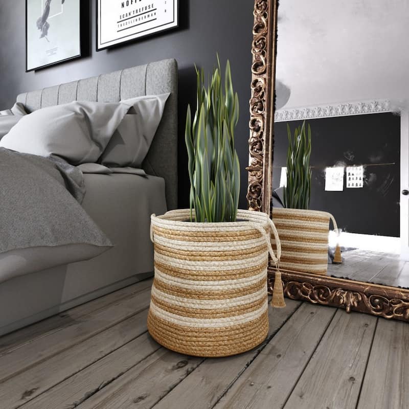 Sevita Striped Jute Hand-Stitched Storage Basket with Handles
