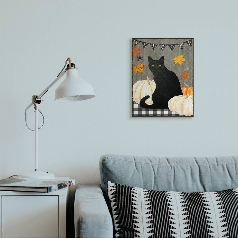 Stupell Halloween Black Cat Welcome Sign Autumn Farmhouse Charm Canvas Wall Art