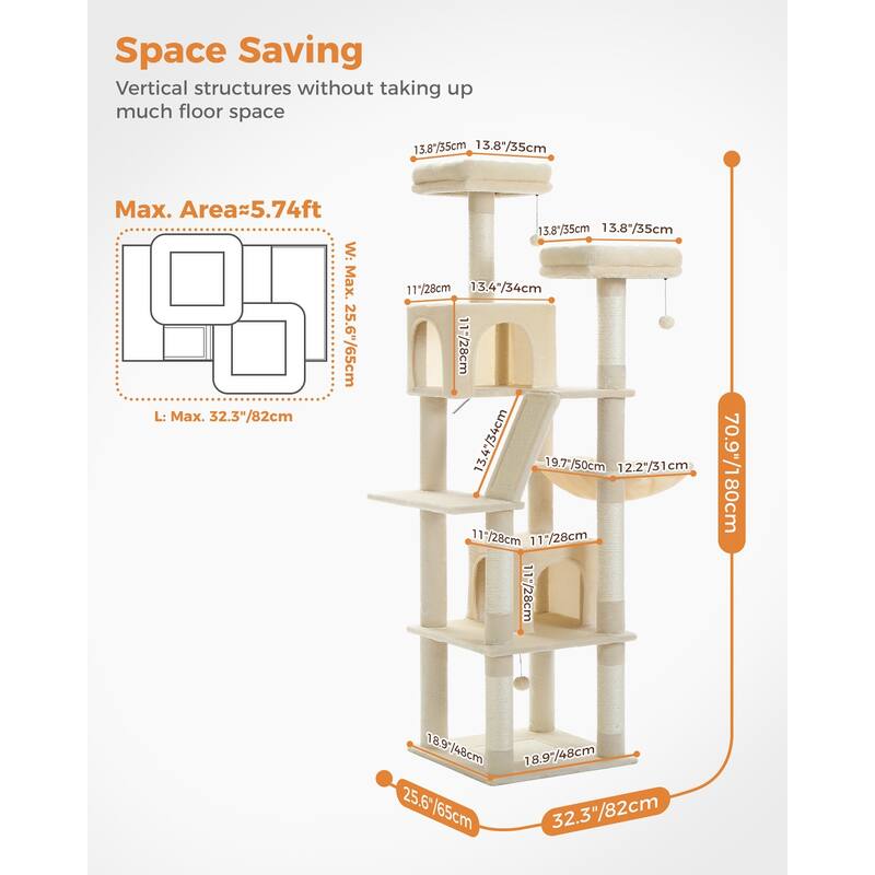 Multi-Level Indoor Large Cat Tree Scratching Post with 2 Perches, 2 Condos, Hammock and 2 Pompoms