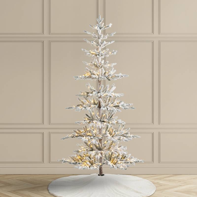 Glitzhome 6/7/9 FT Pre-Lit Flocked Slim Snowscape Fir Artificial Christmas Trees 2 or 3-Piece Set