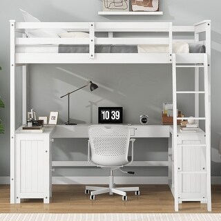 White Loft Bed with Full Bed, Ladder, U-shaped Desk, Drawers, Shelves