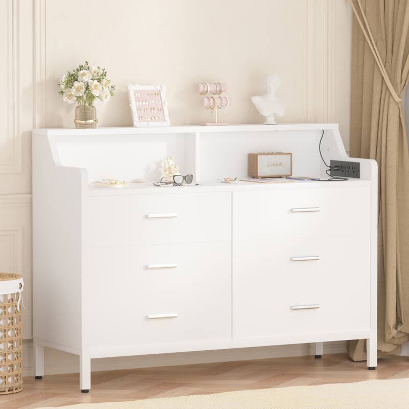 6 Drawers Dresser with Charge Station and LED Light, Closet Organizer for Bedroom - White