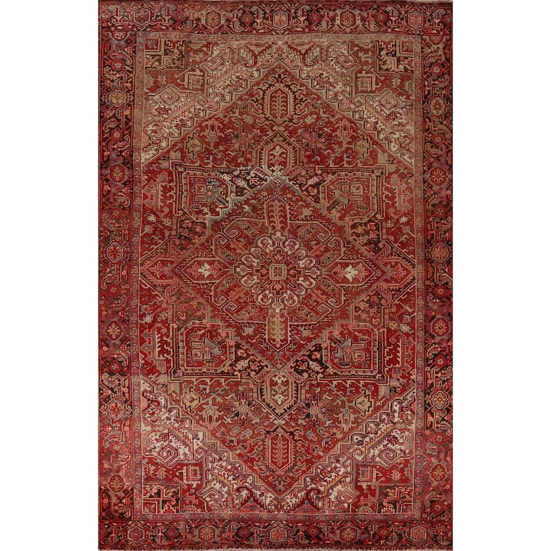 Red Geometric Heriz Persian Vintage Area Rug Hand-Knotted Wool Carpet - 9'4"x 13'5"