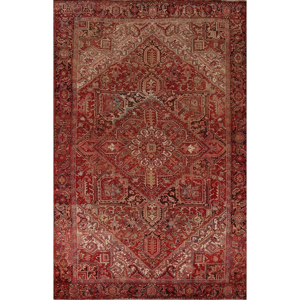 Red Geometric Heriz Persian Vintage Area Rug Hand-Knotted Wool Carpet - 9'4"x 13'5"