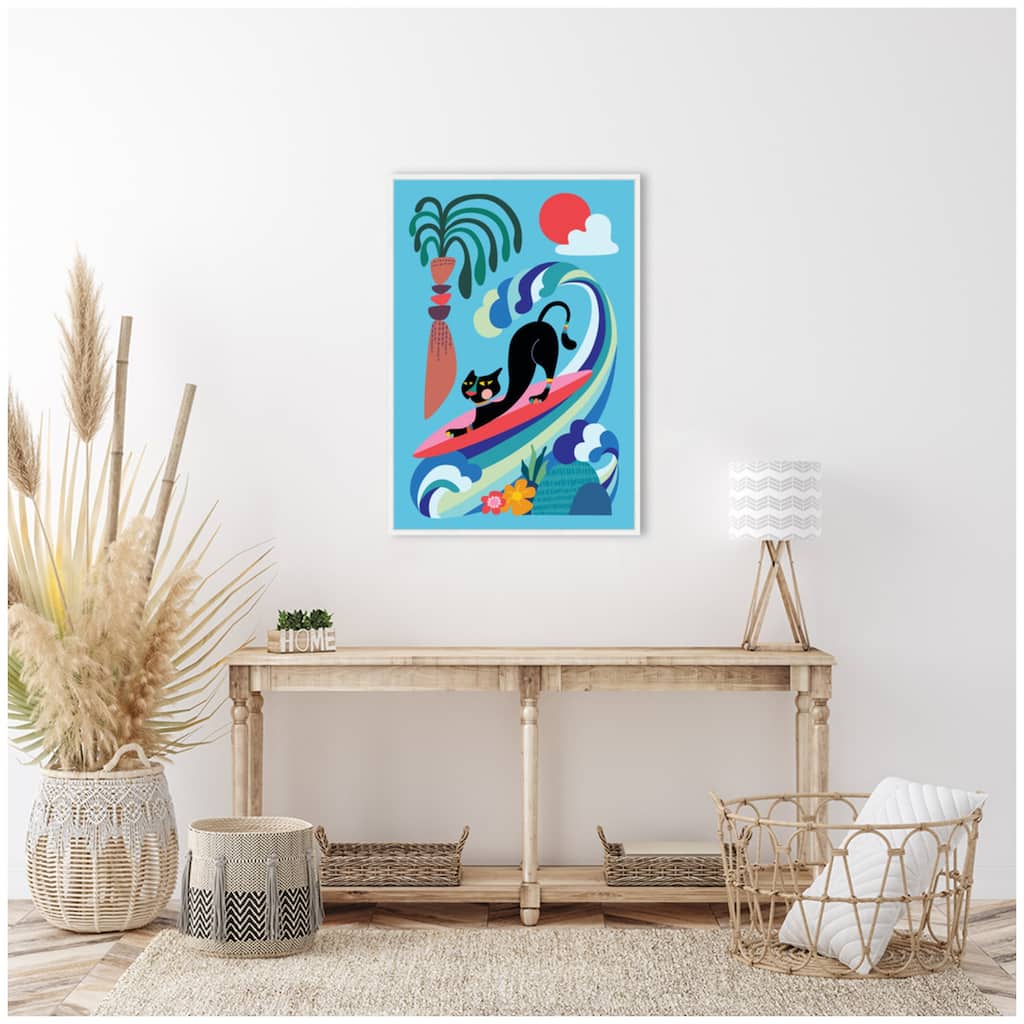 Kate and Laurel Sylvie Vibrant Whimsical Ocean Surf Cat Framed Canvas by Rachel Lee