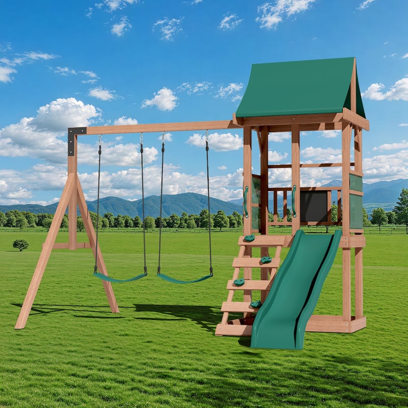 EROMMY 4-in-1 Wooden Swing Set – Backyard Playset w/ Slide, Climbing Wall, 2 Swings & Blackboard | Safe Outdoor Fun for Kids