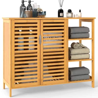 39.5" Natural Wicker Bathroom Storage Cabinet with Open Shelves and 2-Door for Kitchen or Living Room - 39.5" x 14" x 31.5"