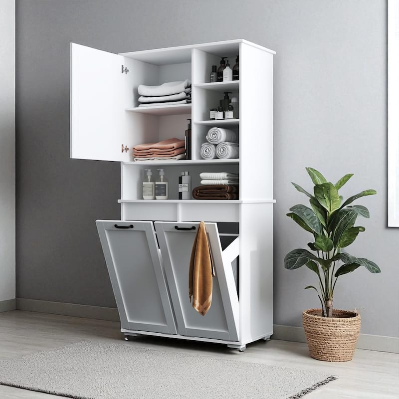 31.5" Freestanding Laundry Cabinet with Tilt-Out Laundry Hampers, Adjustable Shelves, White