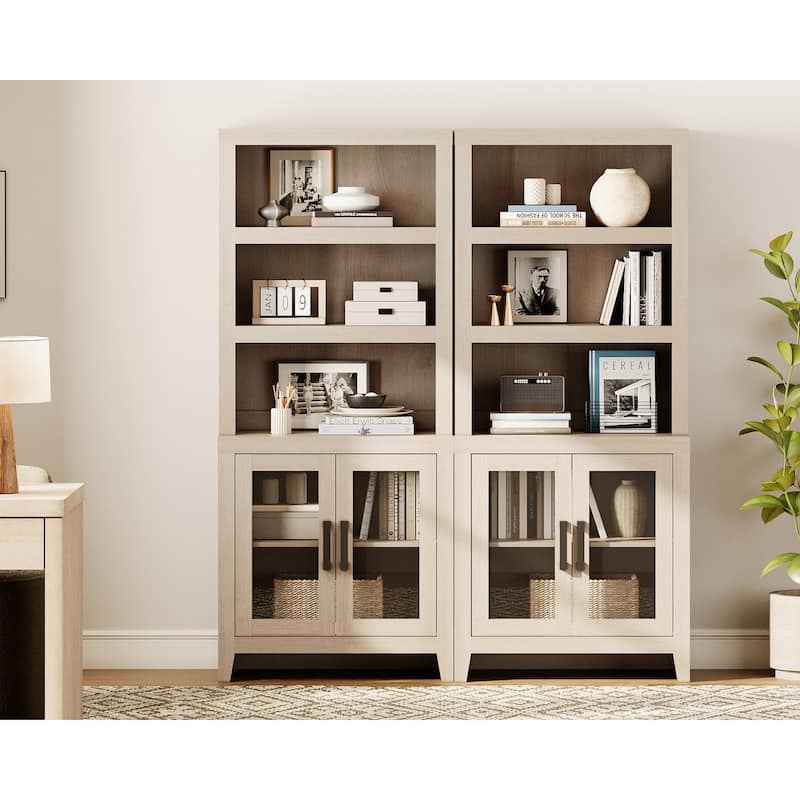 WAMPAT 3 Tier Bookshelf with Glass Door, 74" Tall Bookcase with Adjustable Shelf and Storage Cabinet, Farmhouse Wooden Bookshelf