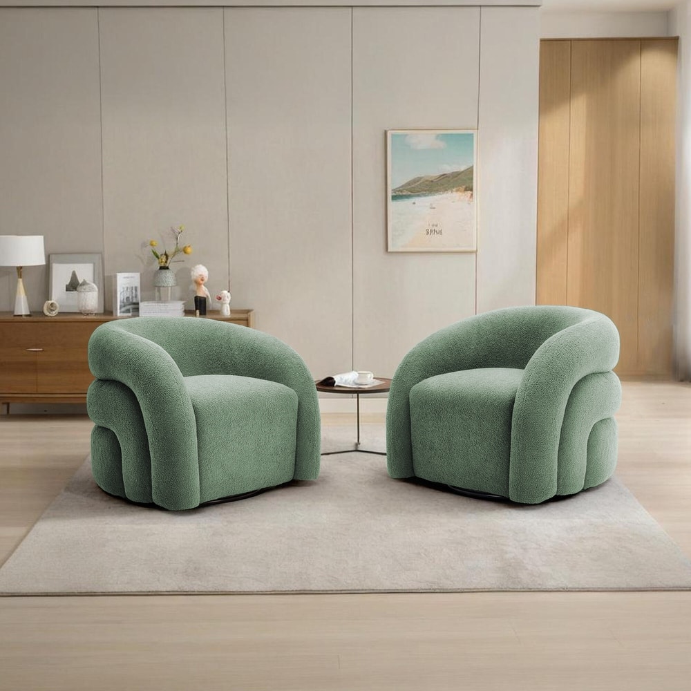 Boucle Swivel Accent Chair Round Barrel Armchair Set of 2
