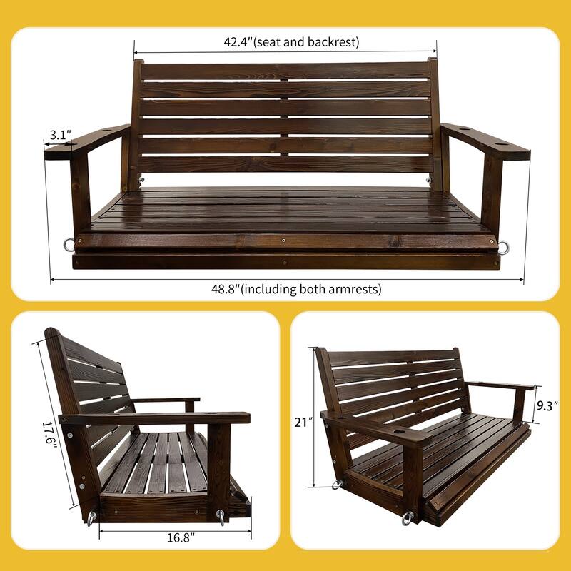 Wooden Porch Swing with Hanging Chains and 7mm Springs Heavy Duty 800 LBS for Outdoor Patio Garden Yard