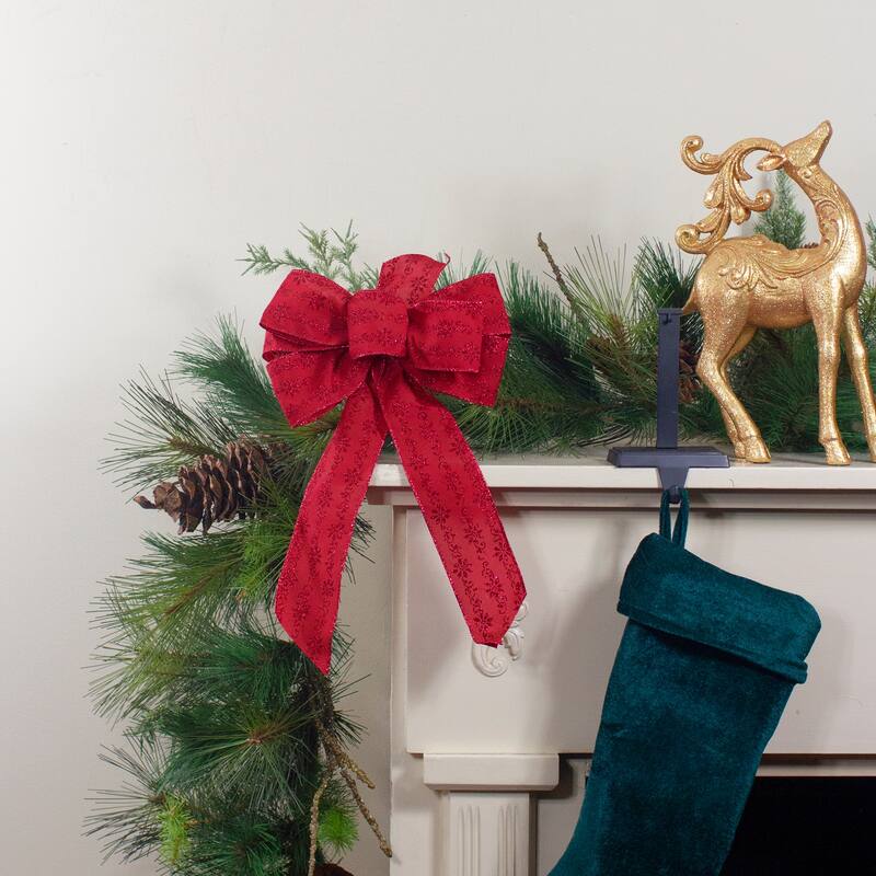 Glittered Poinsettia 6-Loop Christmas Bow Decoration - 9" x 14" - Red - 9" x 14"