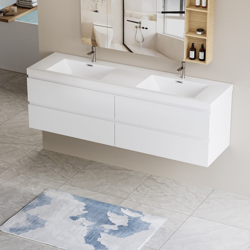 Wall 72" Floating Bathroom Vanity with Sink & and 4 Soft Close Drawers,White/Oak/Grey - 72 inch