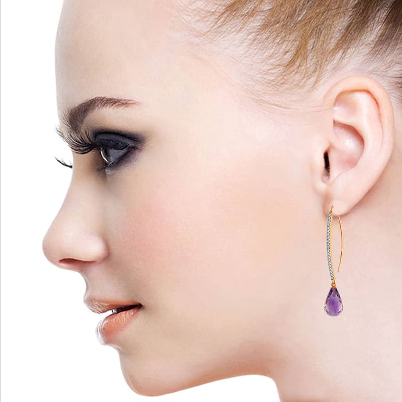 14K Solid Gold Diamonds Hook Earrings w/ Dangling Briolette Amethysts