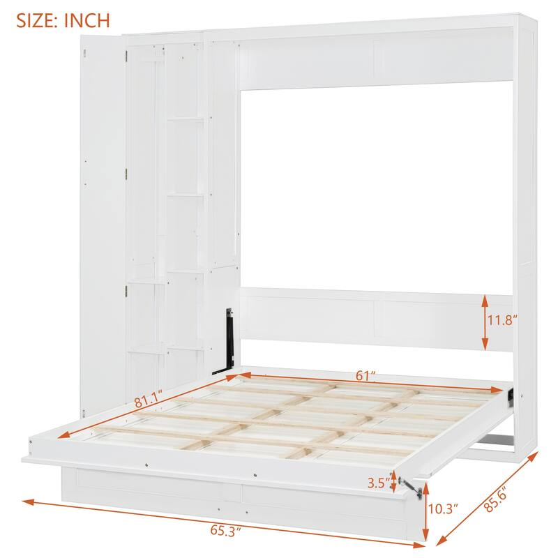 Queen Size Wall Bed with Shelves, Wardrobe, and LED Lights, Space-Saving Design