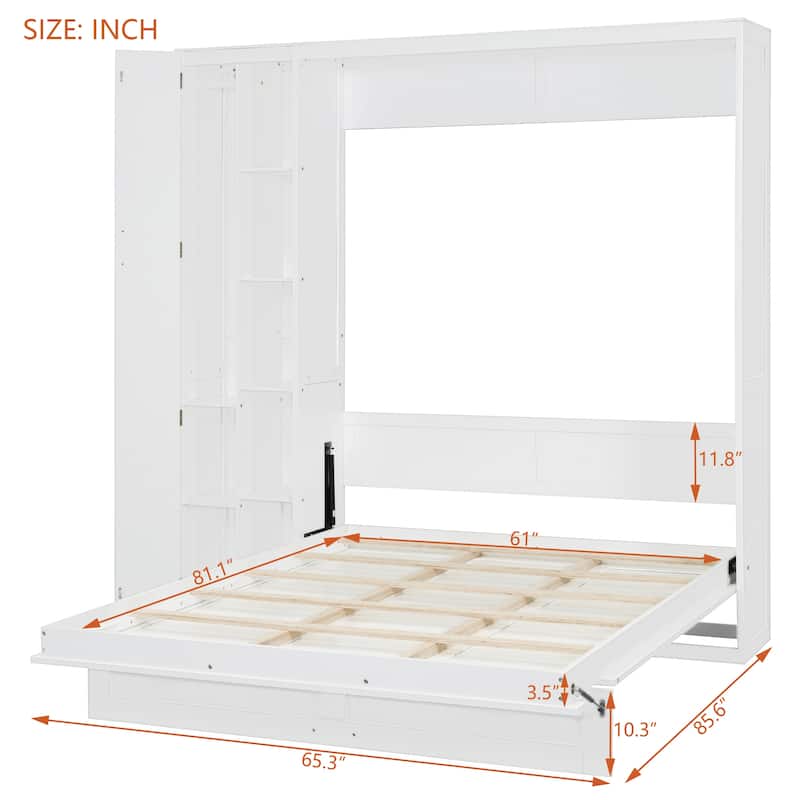 White Multi-Functional Queen Size Murphy Bed Wall Bed with Shelves, Wardrobe and LED Lights for Bedroom Apartment