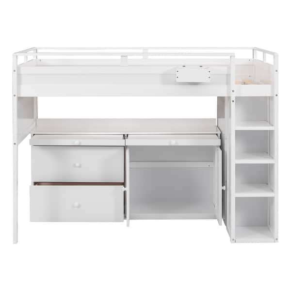 slide 2 of 13, Wood Twin Loft Bed with Rolling Cabinet, Desk & Drawers, Versatile Loftbed Frame with Super Storage Space-No Box Spring Needed White - Twin