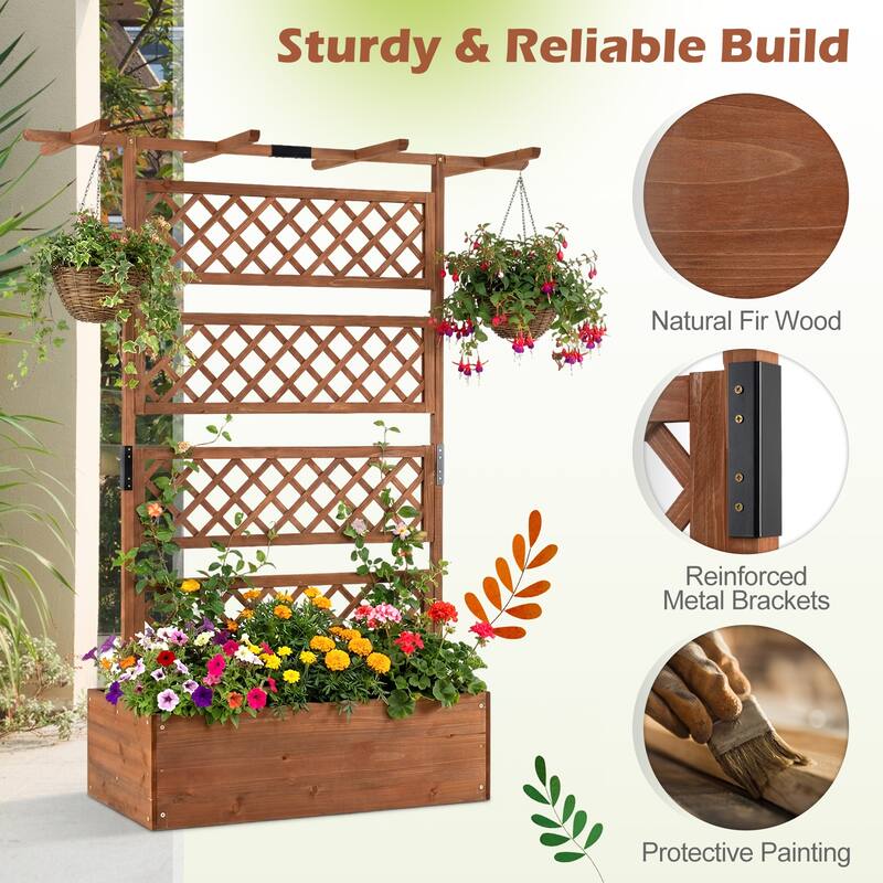 Gymax 2PCS Wooden Planter Box w/Lattice Trellis Flat Roof Drainage for