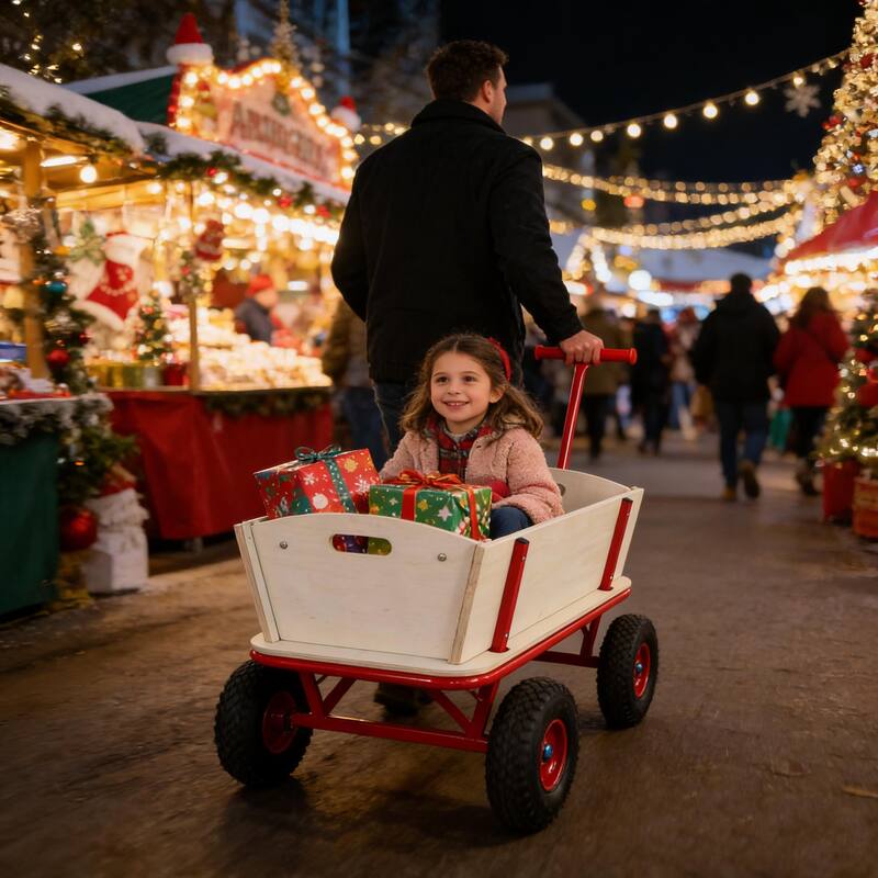 Four-Wheel Wooden Carriage - 260lb Capacity Children's Outdoor Stroller & Garden Cart