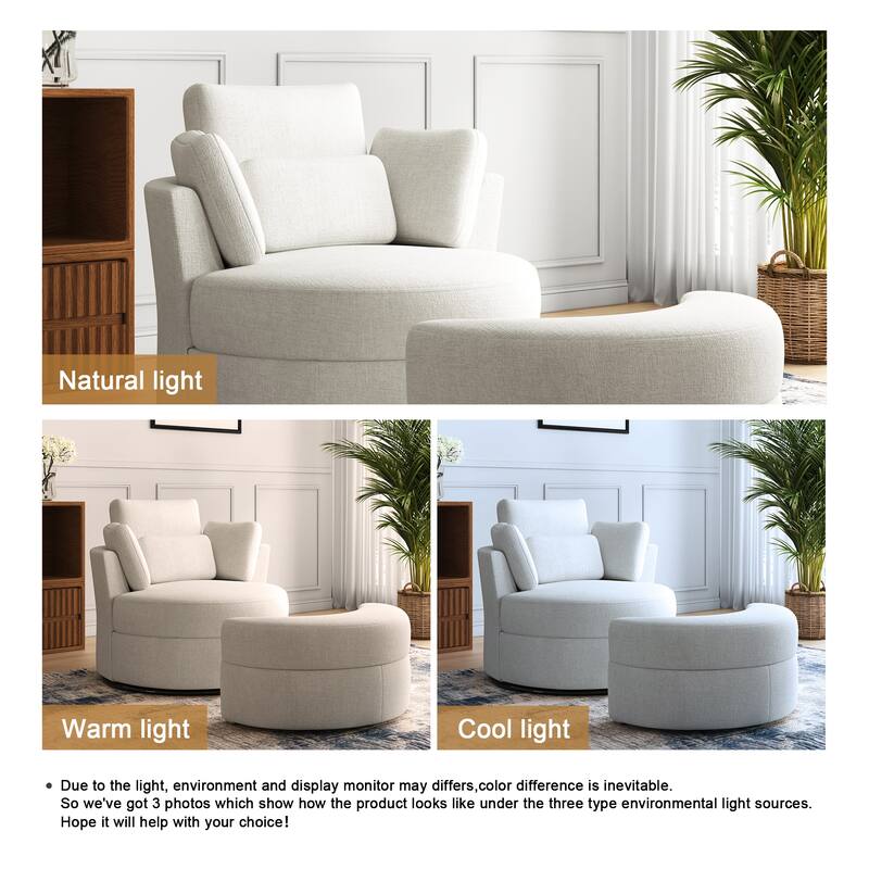 Oversized Upholstered Swivel Barrel Chairs with Storage Ottoman