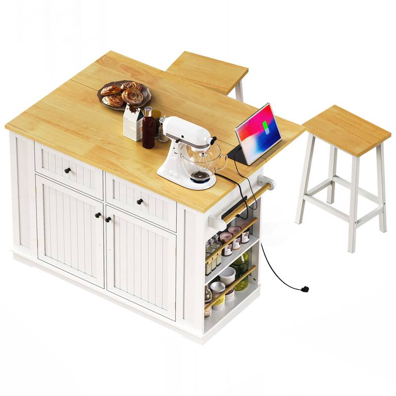 Kitchen Island with 2 Bar Stools, Power Outlet, Door Internal Storage Rack, Kitchen Storage Cart on 5 Wheels with Drop Leaf