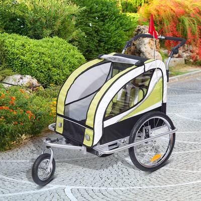 Aosom 2-in-1 Folding Child Bike Trailer & Baby Stroller with Safety Flag, Light Reflectors, & 5 Point Harness, Green