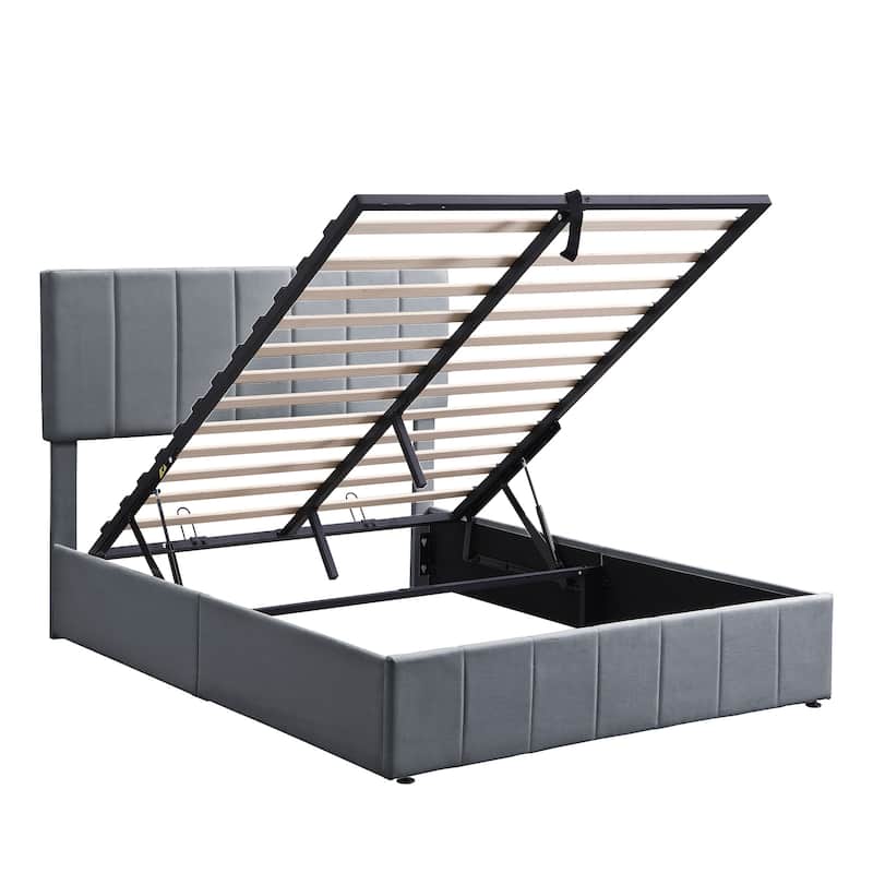 Linen Upholstered Bed Low Profile Platform Bed Storage Bedframe with Hydraulic Storage System, Headboard and Slats Support