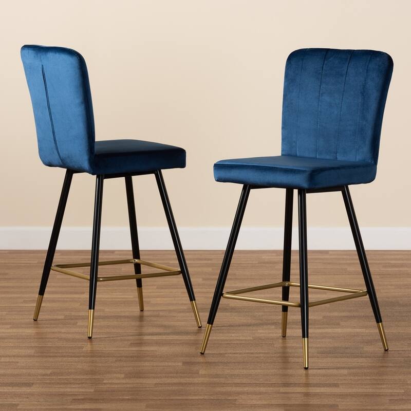 Preston Modern Luxe and Glam Velvet Fabric Upholstered Black and Gold Finished Metal 2-Piece Bar Stool Set