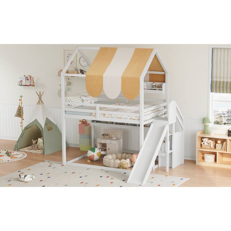 GDFStudio - Wooden Full Size House Bed with Canopy, Slide and Bookshelves