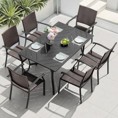 Outdoor 7-Piece Metal Wicker Dining Set with 1.77'' Umbrella Hole, Black
