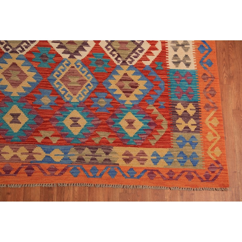 Geometric Trellis Kilim Oriental Area Rug Flatweave Orange Wool Carpet - 8'6"x 11'5"