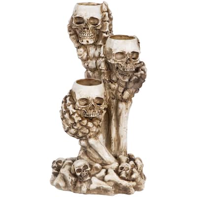 Triple Skulls and Bones Halloween Tea Light Candle Holder - 12"