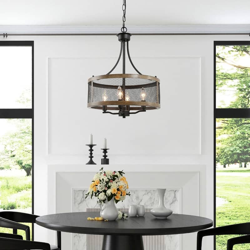 Modern Farmhouse 4-Light Drum Chandelier Wood Grain Ceiling Lights for Dining Room - W16"xH21"