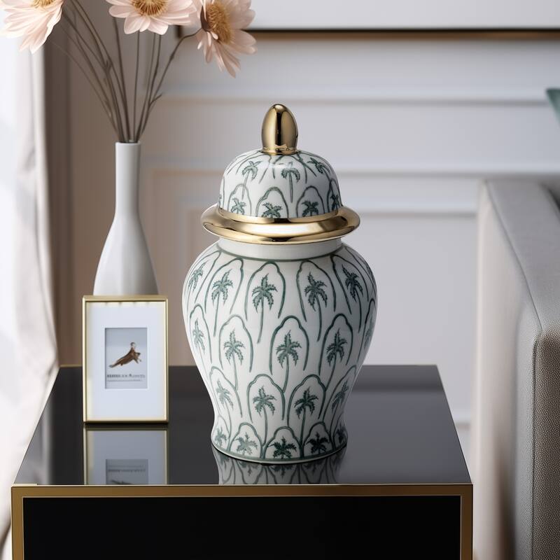 Sagebrook Home Modern Tropical Ceramic Jar with Coastal Palm Trees - 6" x 6" x 10"