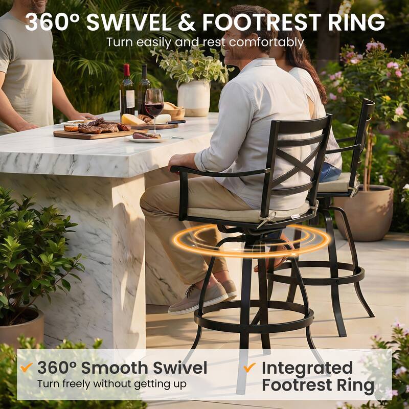 Outdoor Patio Cast Aluminum Swivel Bar Stools with Sunbrella Cushion
