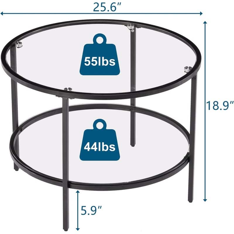 VINGLI Double-Layer Round Glass Matt Black Powder-Coated Iron Frame Coffee Table