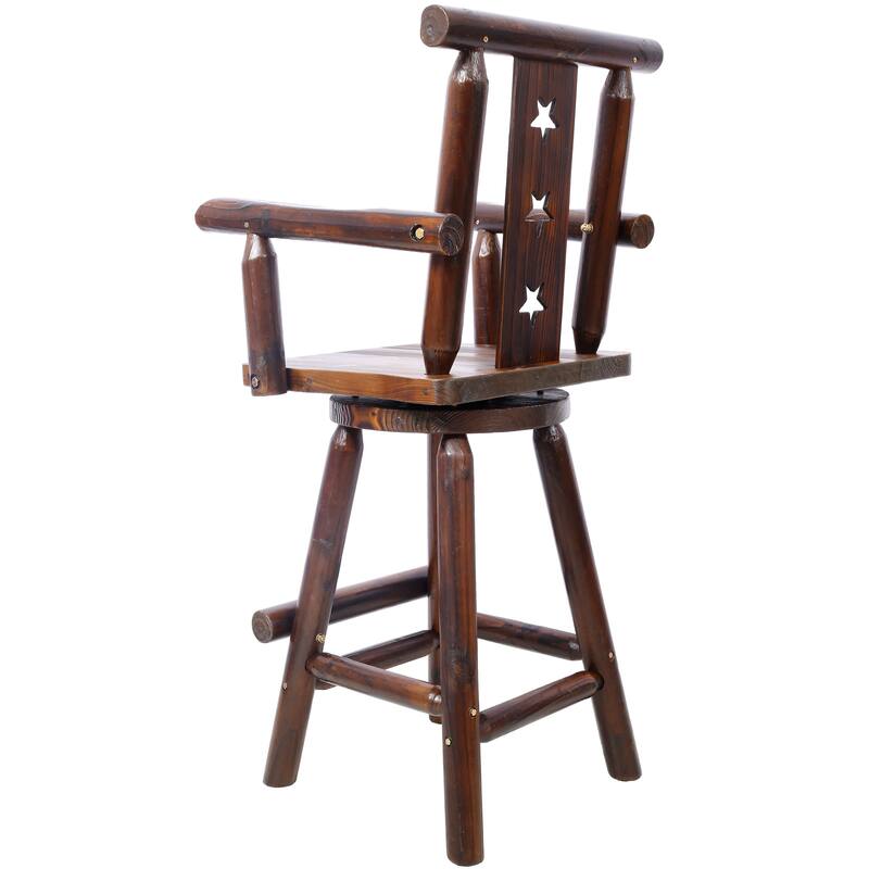 Rustic Bar Stool - Fir Wood Construction, Chair with Decorative Star Backrest, Footrest,Wide Armrest, Rustic Kitchen Stool