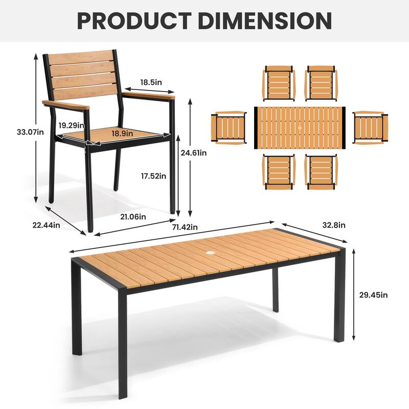 7-Piece Outdoor Patio Dining Set Rectangle Dining Table with Umbrella Hole and Stackable Chairs