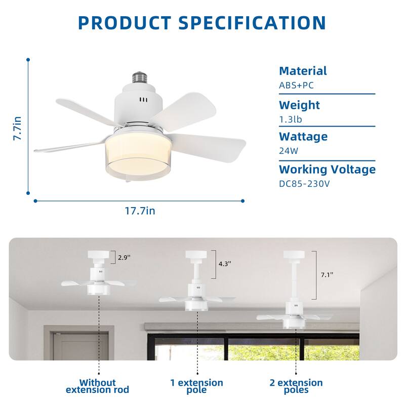 17.7 in. Indoor Socket Ceiling Fan Light with Remote, LED Light, 4 Fan Speeds, Dimmable, 3 Color Temperatures
