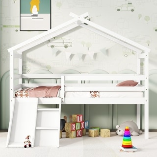 Modern Twin Low Loft House Kids Bed with Slide,Ladder,Guardrails,Roof
