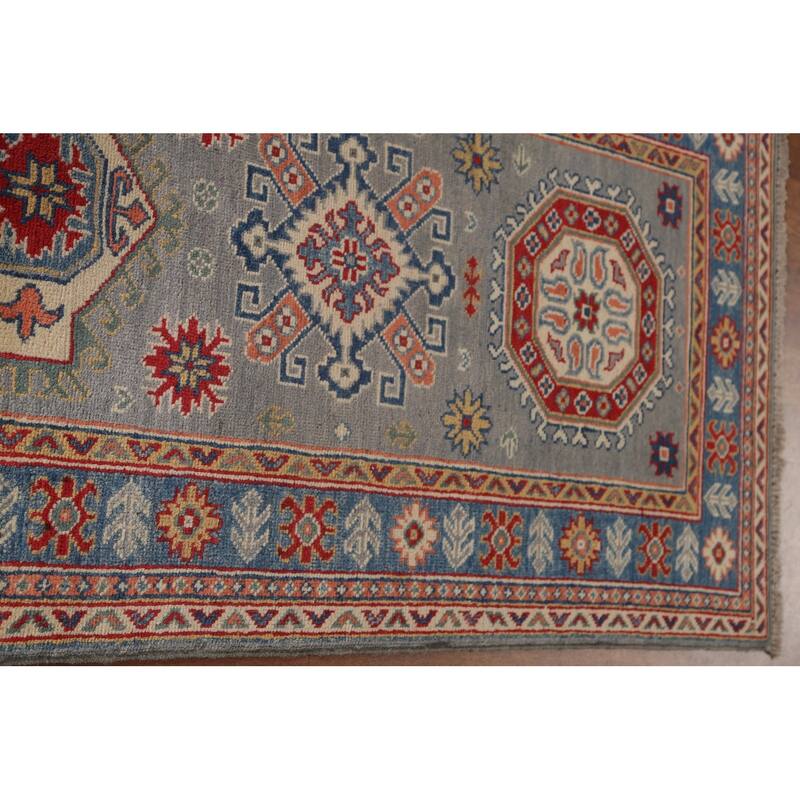 Traditional Geometric Kazak Oriental Grey Wool Runner Rug Hand-knotted - 2'8" x 9'9"