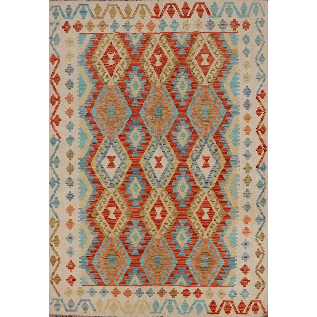 Kilim Reversible Oriental Area Rug Hand-Woven Wool Carpet - 4'10"x 6'5"