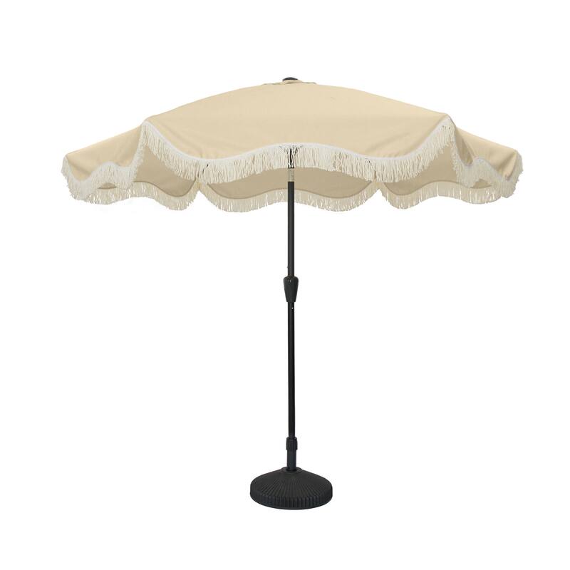 Clihome 9 Ft. Bohemian Fringed Patio Market Umbrella - Beige With C-base