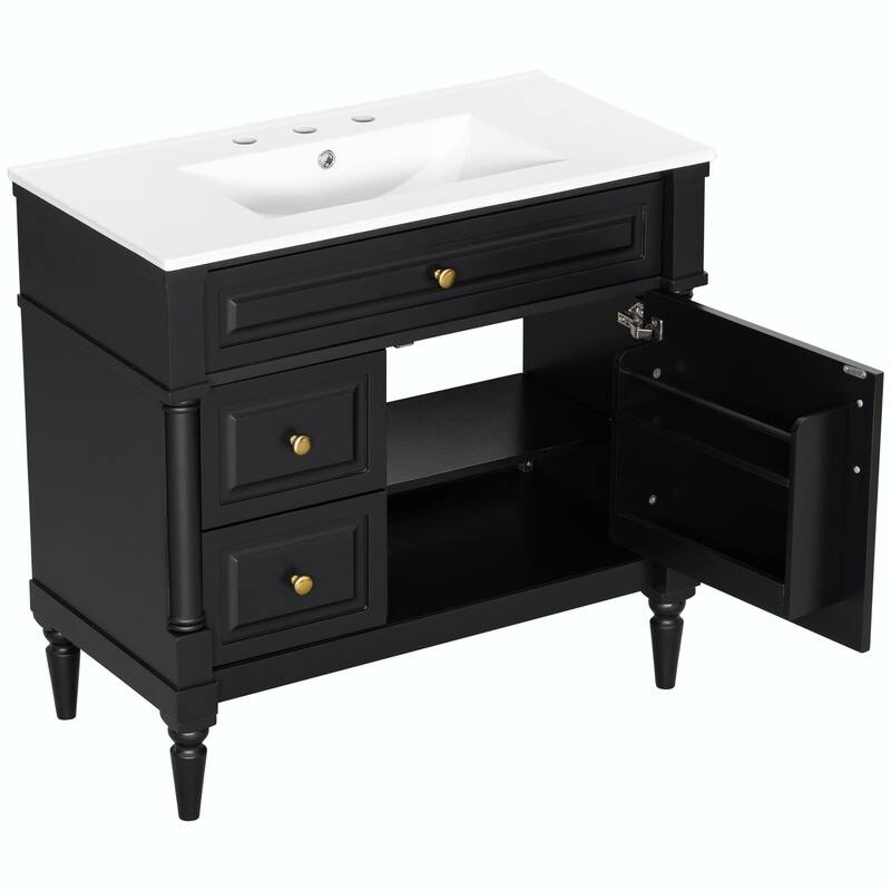 36" Bathroom Vanity with Sink, Freestanding Bathroom Cabinet with Ceramic Basin, Flip Drawer