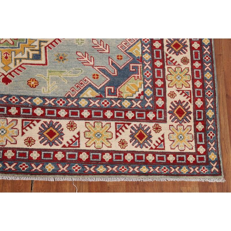 Hand Knotted Oriental 100% Wool Carpet Traditional Geometric Navy Blue & Blues Kazak Area Rug - 9' 8'' X 6' 6''