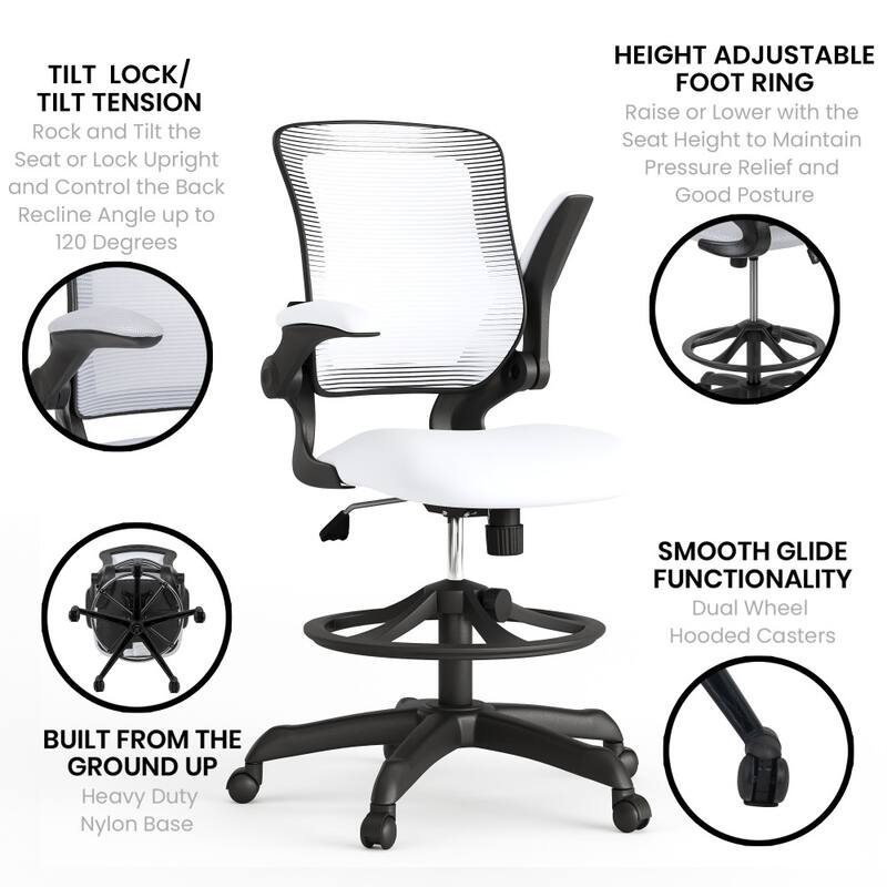 Mid-Back Mesh Ergonomic Drafting Chair with Foot Ring and Flip-Up Arms