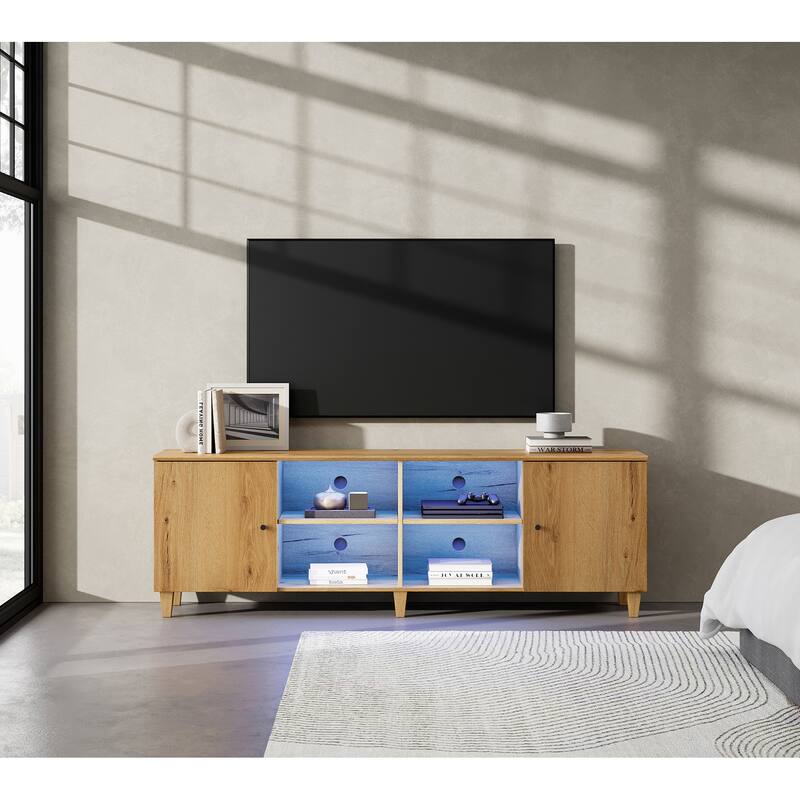 WAMPAT Wooden TV Stand with Doors, Mid-Century Entertainment Center - 1 Pack - Brown & Blue Lights