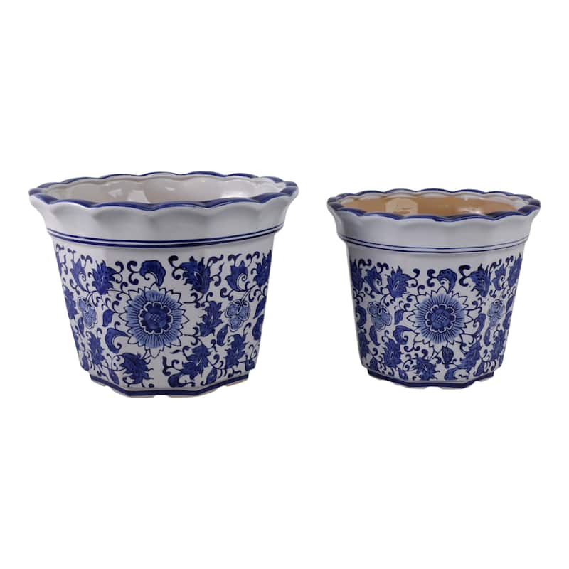 Stoneware Planters Scalloped Edge and Floral Relief Detail (Set of 2)