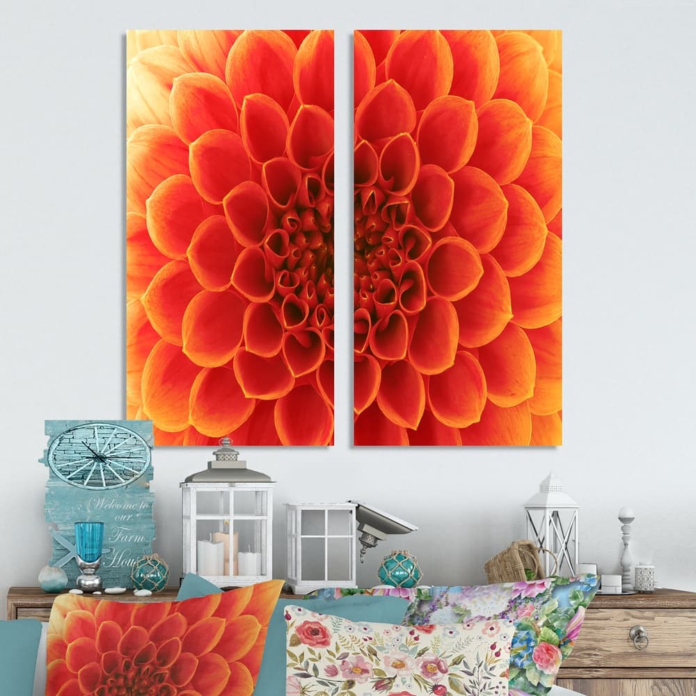 Designart "Orange Abstract Flower Petals" Floral Canvas Wall Art Print 2 Piece Set