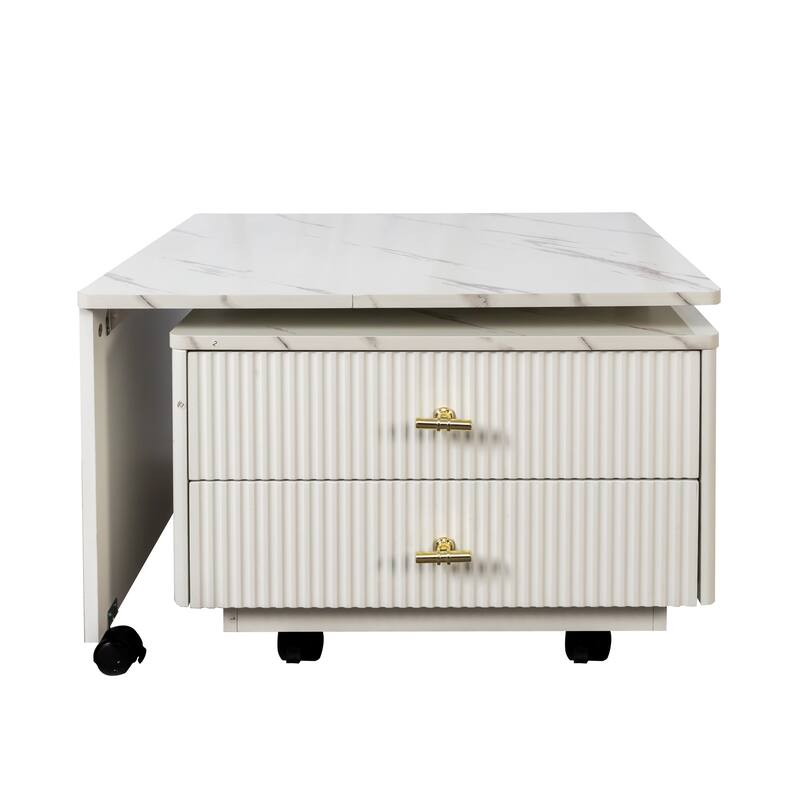 Extendable Coffee Table with Storage, Reversible Living Room Table with 2 Drawers and with 6 Wheels